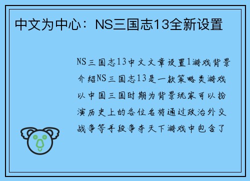 中文为中心：NS三国志13全新设置